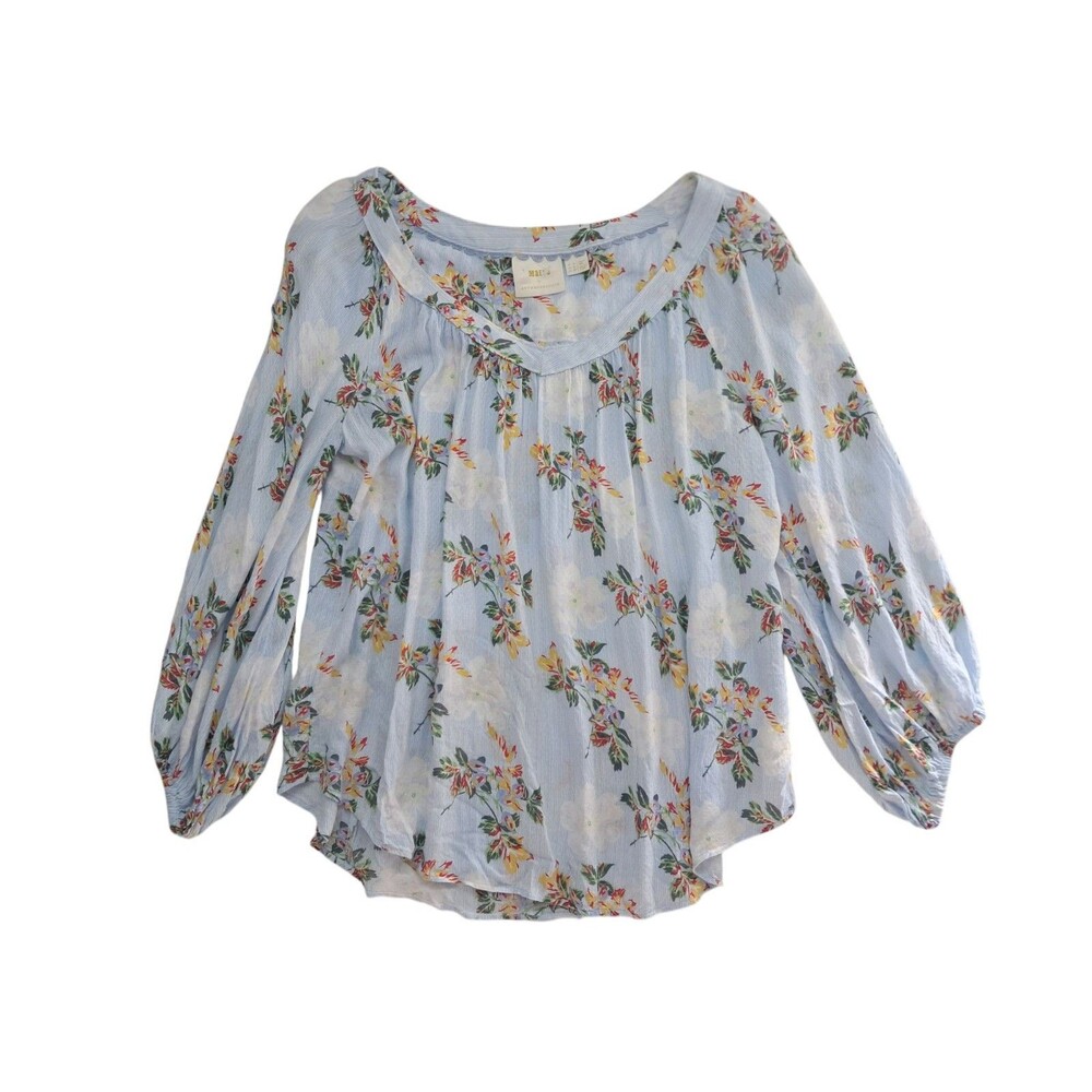 Maeve Anthropologie Floral Blue Striped 3/4 Sleeve Spring Viscose Women's 12